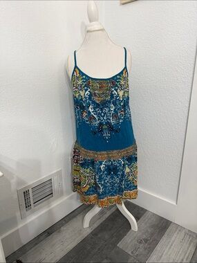 Lucky Brand Teal Multicolor Printed Spaghetti Strap Dress